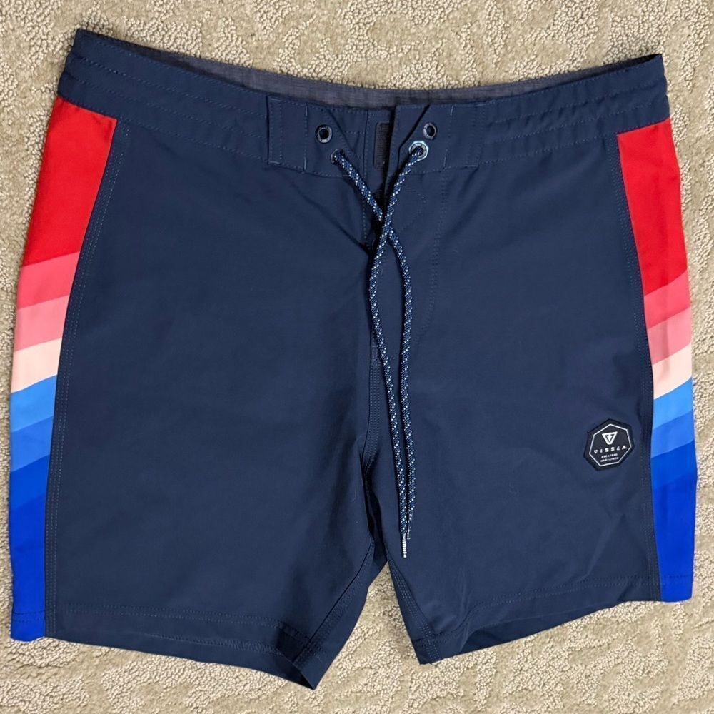 VISSLA Men’s 31 Dark Blue Board Shorts with Red and Blue Rainbow Stripes